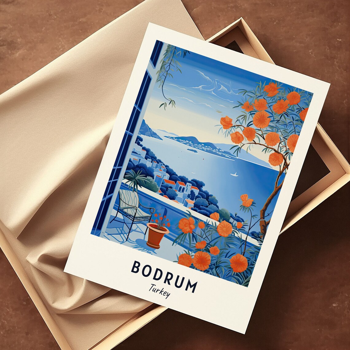 Bodrum Turkey Terrace Over Blue Bay With Orange Blossom Branches Poster - Image 3