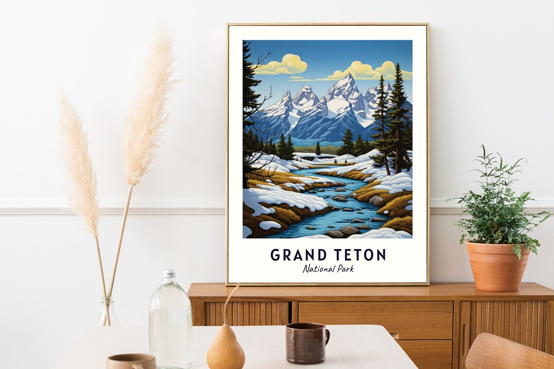 Grand Teton National Park Snowy Stream Mountain Travel Poster - Image 2