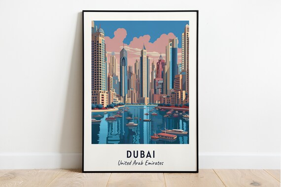 Dubai Marina Skyline Sunset Yachts Harbor Evening Travel Poster