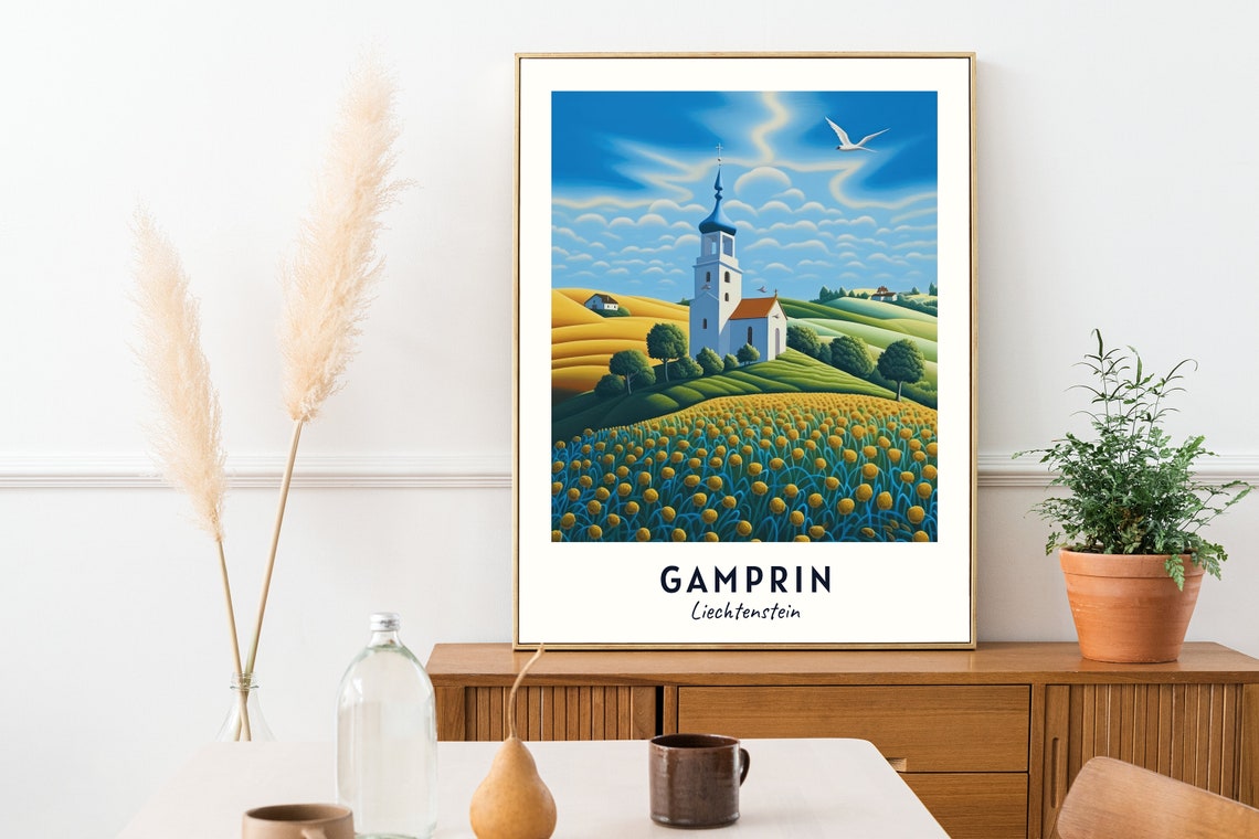 Gamprin Liechtenstein Chapel Above A Field Of Yellow Flowers Poster - Image 2