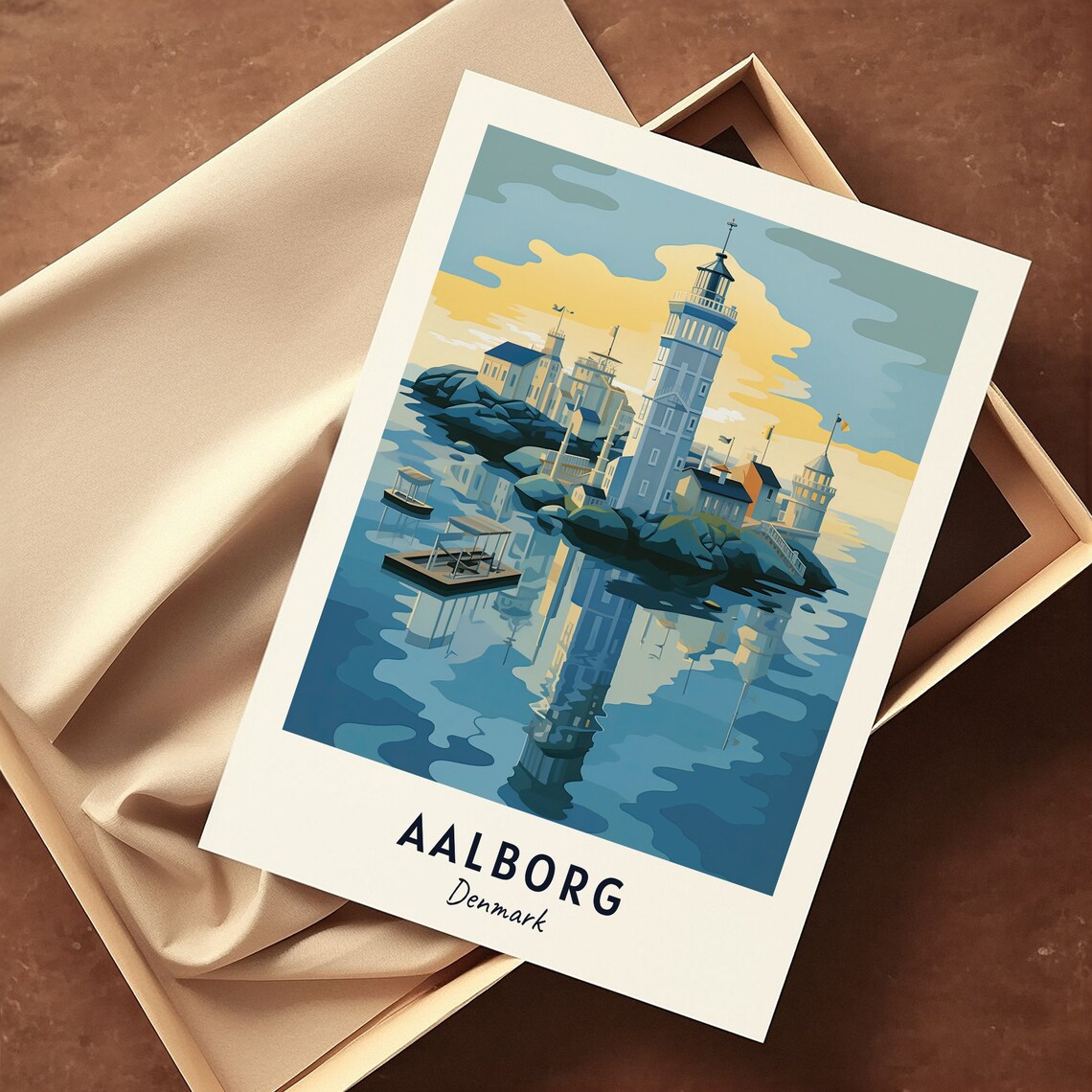 Tall White Tower on Rocky Island Water Reflection Aalborg Denmark Poster - Image 3