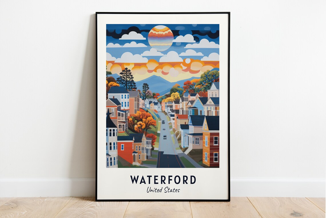 Waterford Sunset Hillside Town Street Colorful Homes Travel Poster