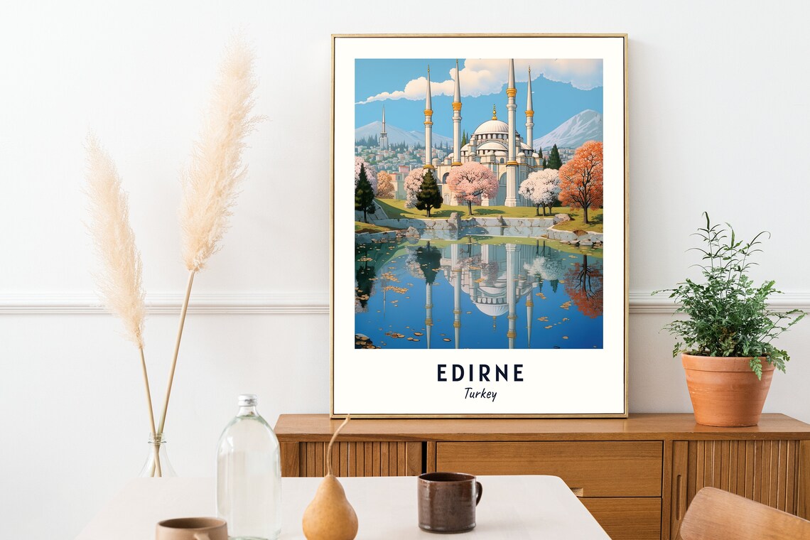 Edirne Selimiye Mosque Minarets Blossom Pond Trees Travel Poster - Image 2