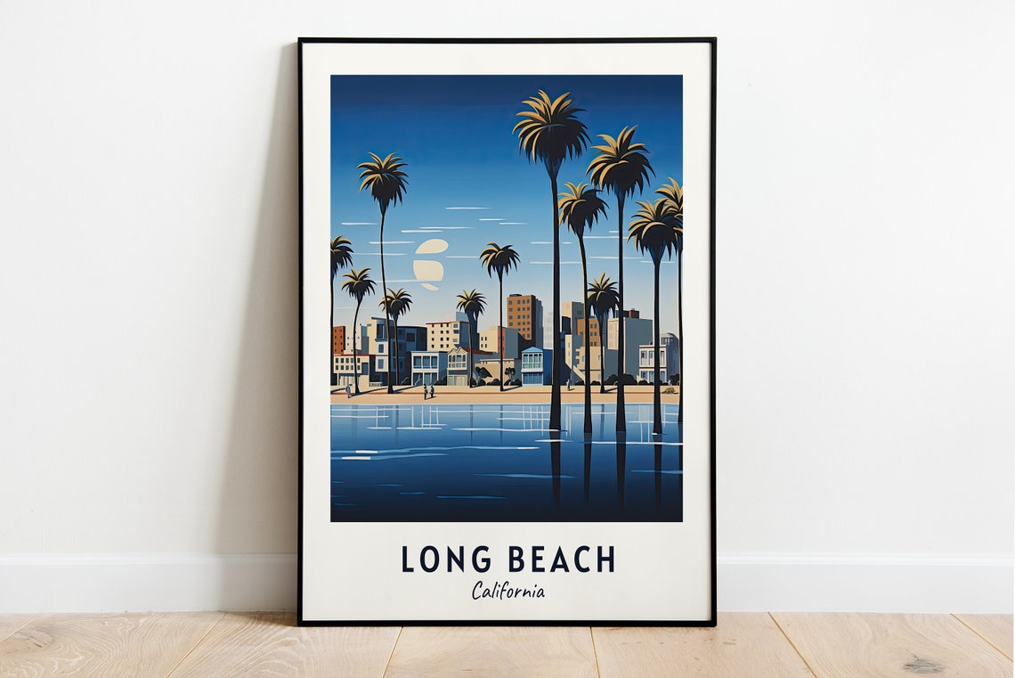 Long Beach California Palm Trees Shoreline Night Skyline Travel Poster
