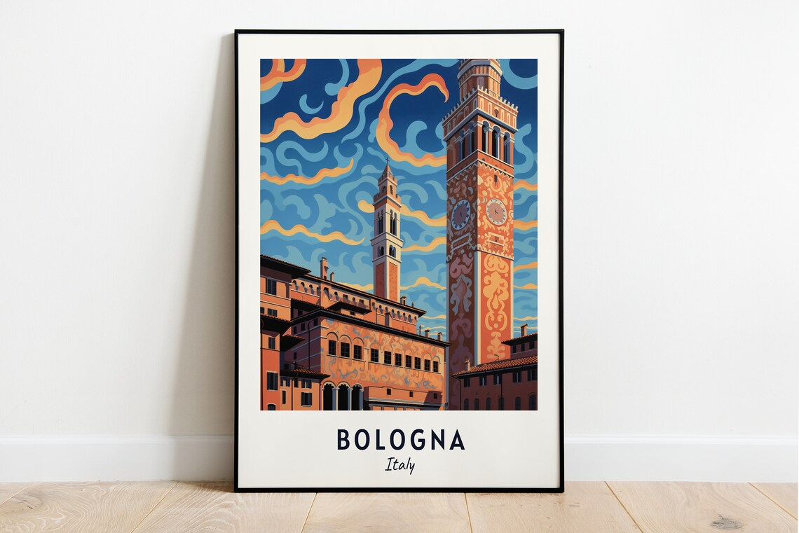 Bologna Italy Clock Towers Swirling Sky Travel Poster Home Decor