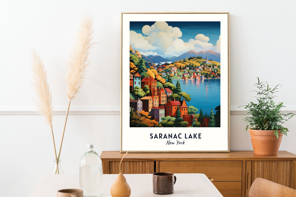 Saranac Lake New York Autumn Lakeside Village Scenic Travel Poster - Image 2