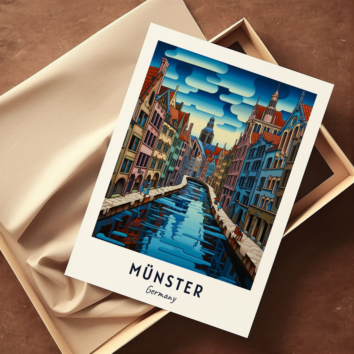 Münster Germany Night Canal Gabled Houses Travel Poster Home Decor - Image 3