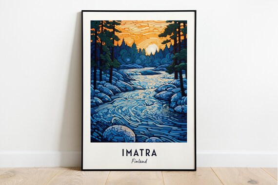 Swirling Blue Rapids at Golden Sunset Imatra Finland Travel Poster