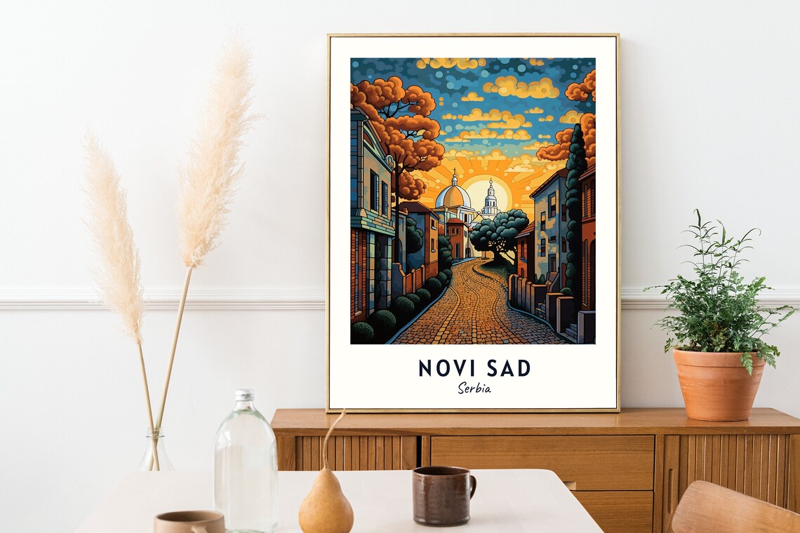 Novi Sad Cobblestone Street Sunrise Domed Church Travel Poster - Image 2
