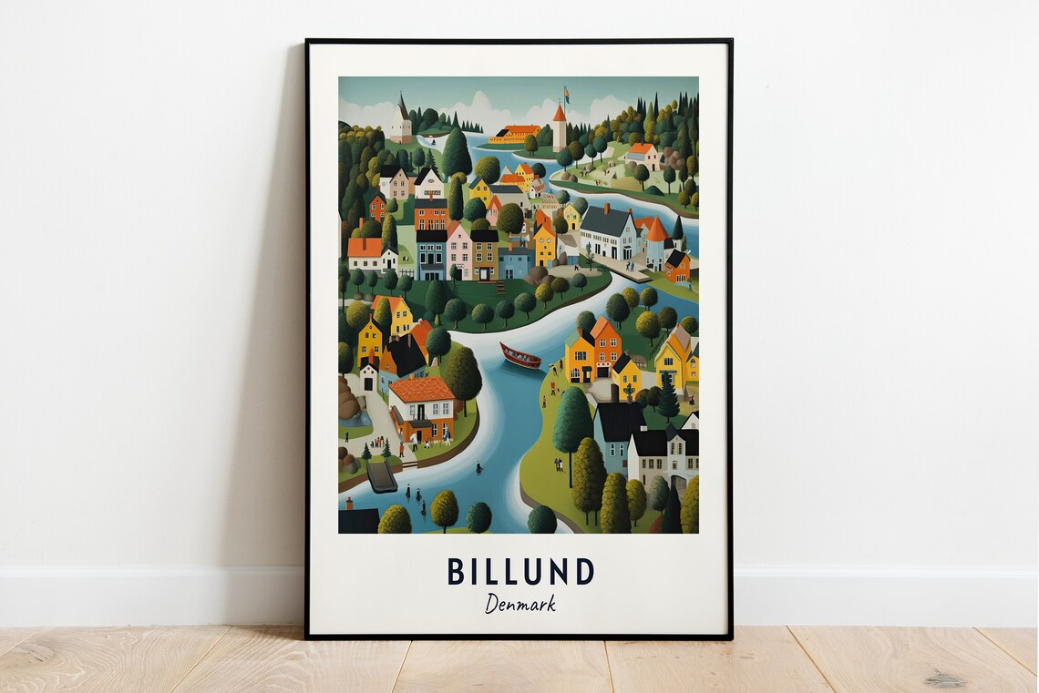 Colorful Riverside Village Scene Billund Denmark Travel Poster