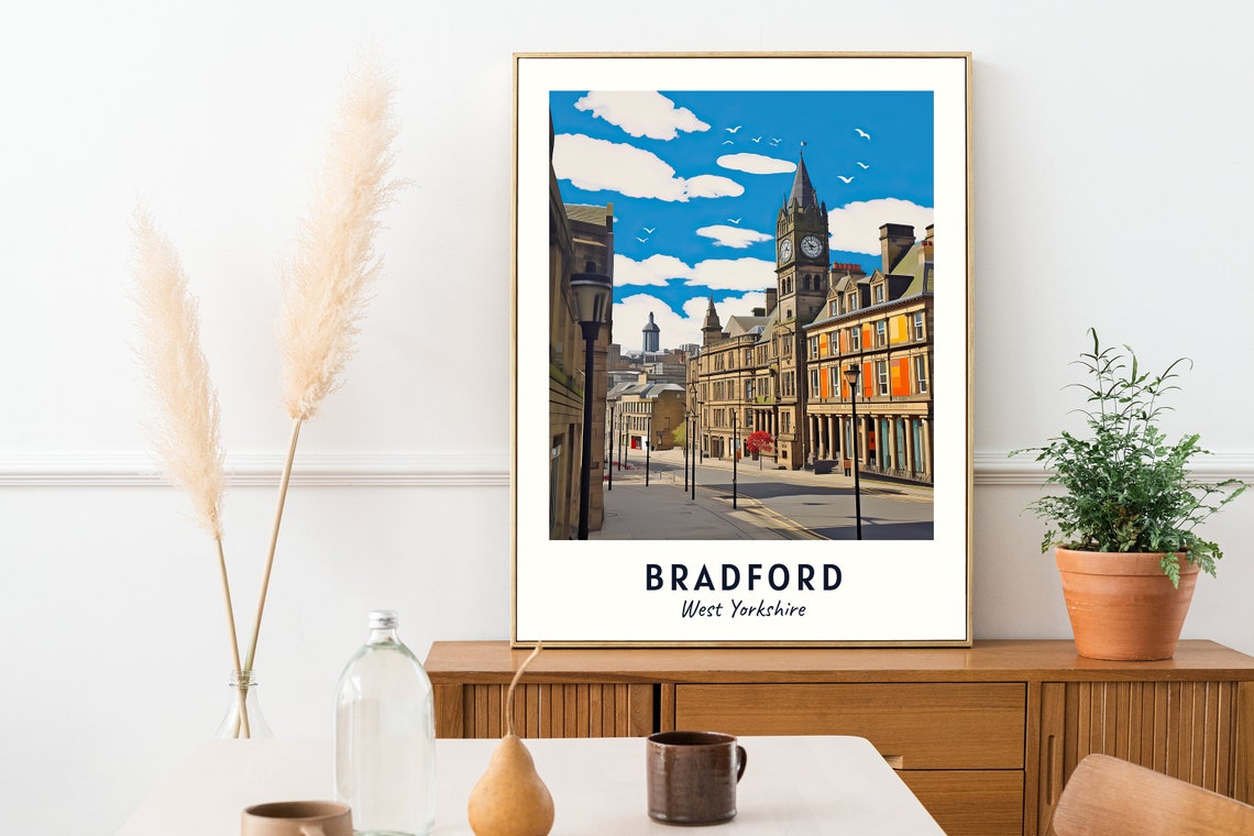 Bradford West Yorkshire Town Hall Clock Tower Scene Travel Poster - Image 2