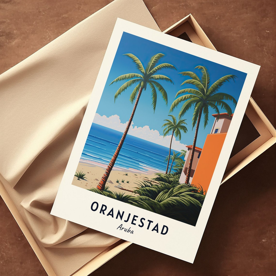 Oranjestad Aruba Palm Beach Orange Villa Caribbean Travel Poster - Image 3
