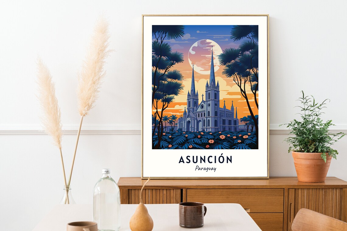 Asuncion Paraguay Sunset Cathedral Palm Garden Evening Poster - Image 2