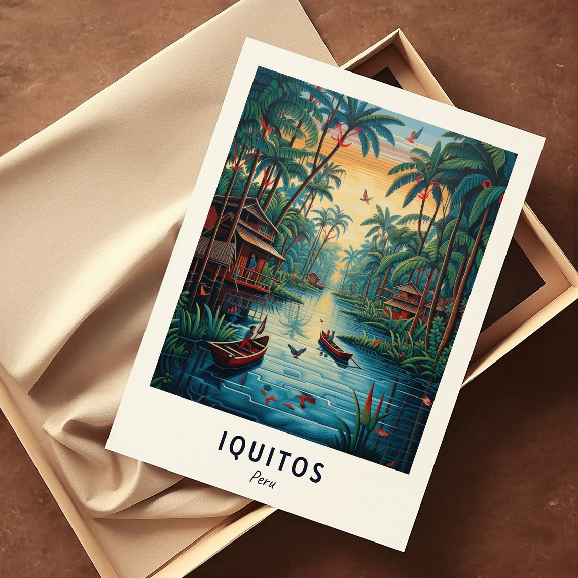 Iquitos Peru Amazon River Canoes Stilt Houses Sunset Jungle Poster - Image 3