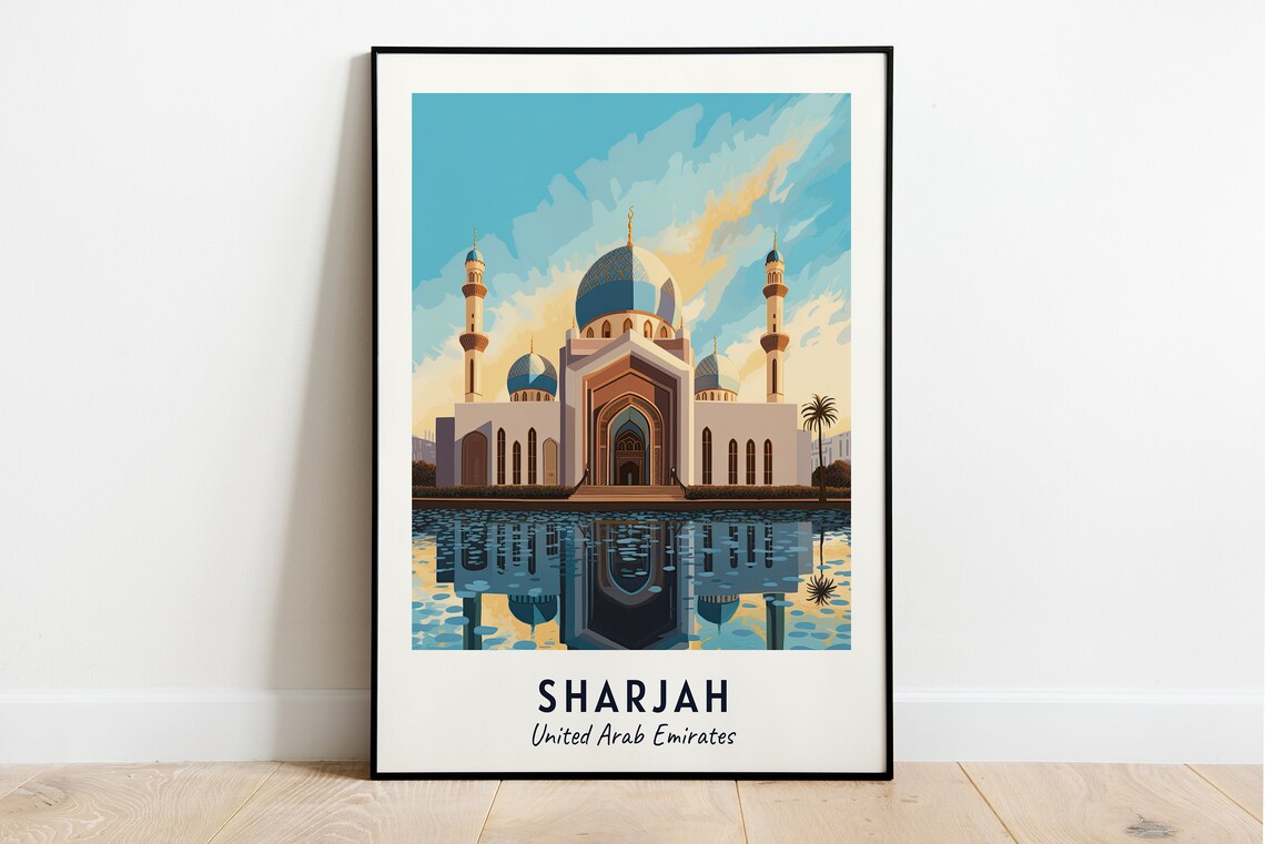 Sharjah UAE Al Noor Mosque Waterfront Travel Poster Keepsake Art