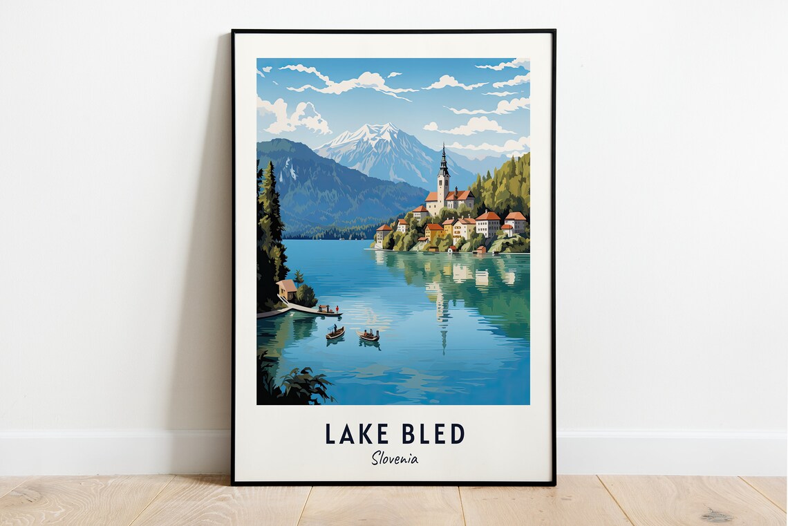 Lake Bled Slovenia Church Village Boats Mirror Lake Travel Poster