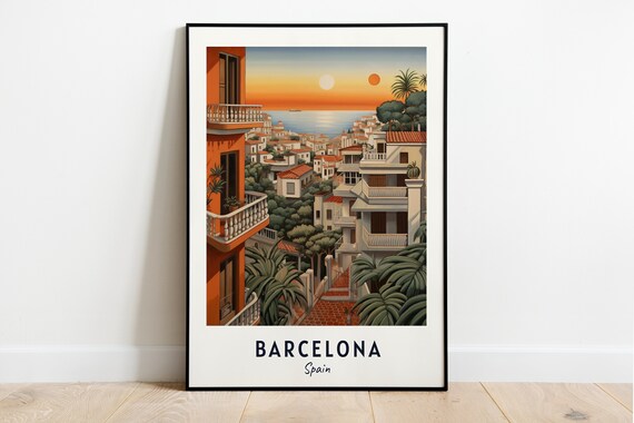 Barcelona Coastal Hillside Villas Sea Sunset Palms Travel Poster