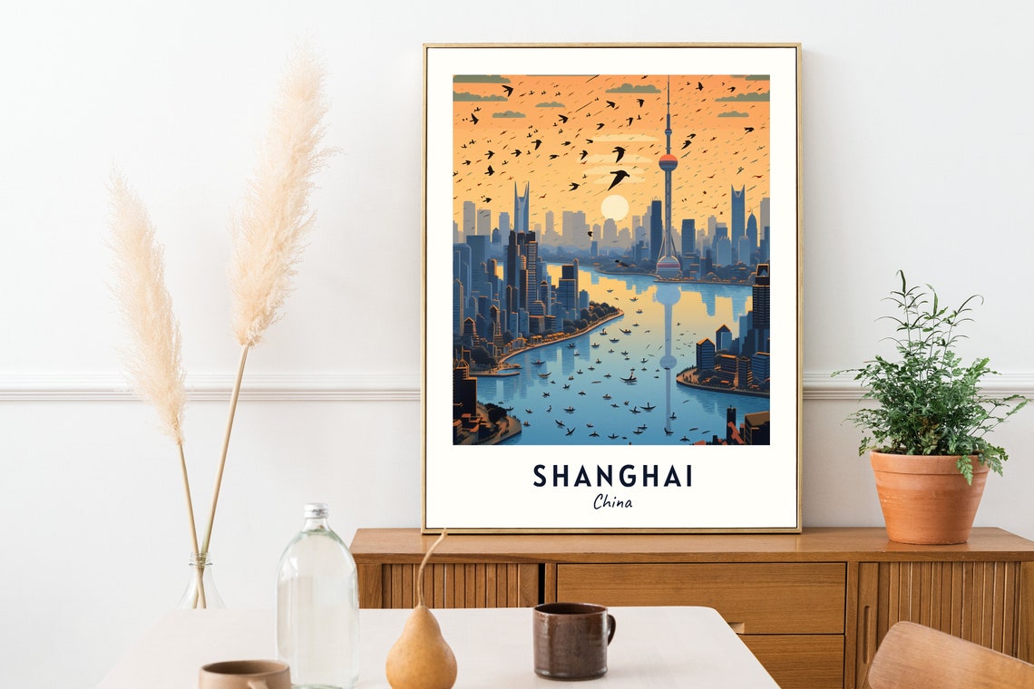 Shanghai China Pudong Skyline River Birds Sunset Travel Poster - Image 2