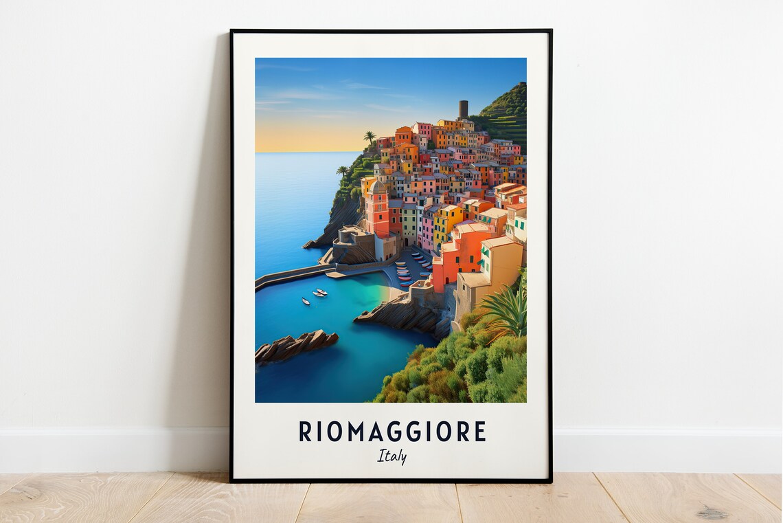 Riomaggiore Italy Cinque Terre Cliffside Village Sunset Travel Poster