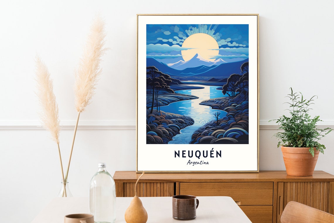Neuquen Argentina Blue Mountain River Valley Under Full Moon Poster - Image 2