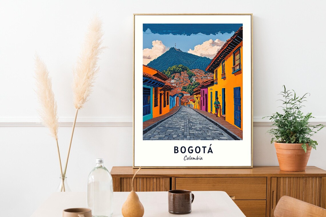 Bogota Colombia Colorful Colonial Street Mountain Travel Poster - Image 2