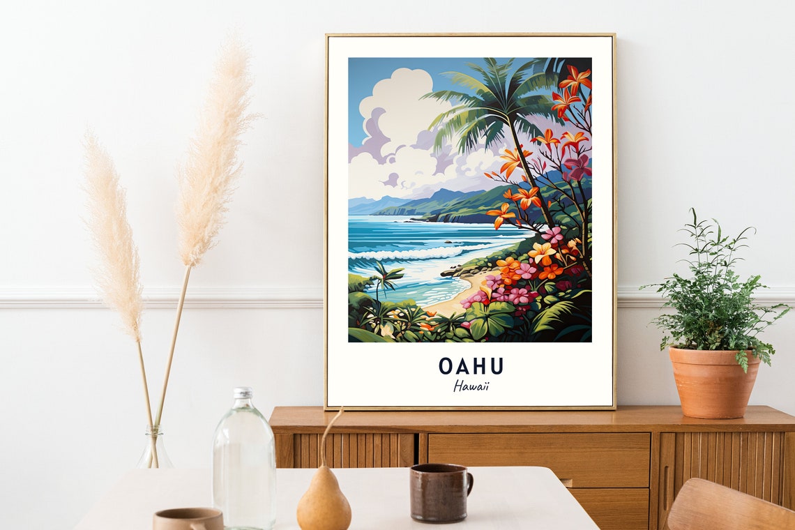 Oahu Hawaii Palm Tree Beach Turquoise Ocean Daytime Travel Poster - Image 2