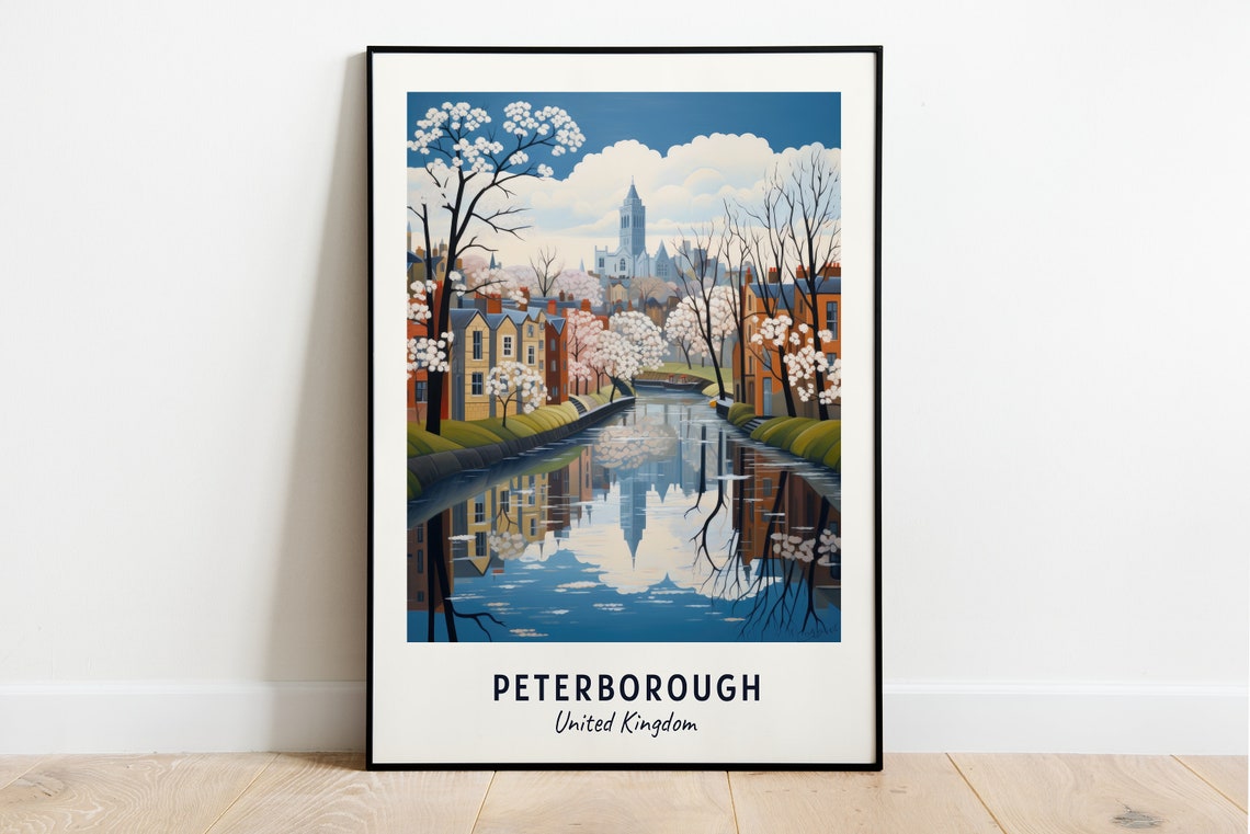Peterborough England River Cathedral Spring Blossom Travel Poster