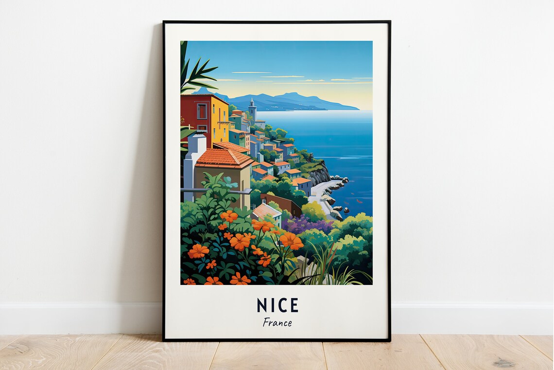 Nice France Riviera Town Cliffside View With Orange Flowers And Sea Poster