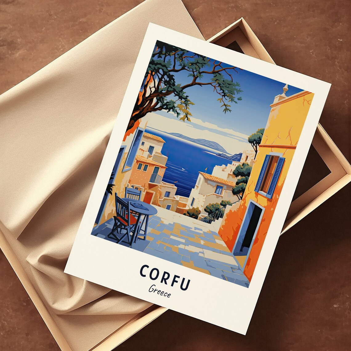 Corfu Greece Terrace Cafe Table Sea Overlook Village Travel Poster - Image 3