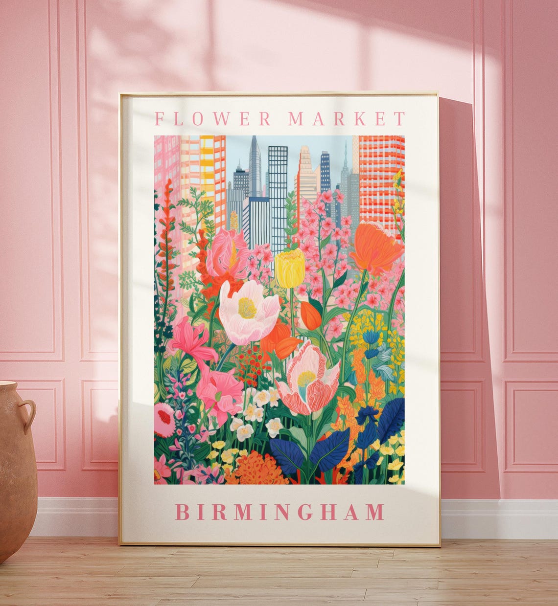 Birmingham Flower Market Tulip Meadow City Skyline Travel Poster