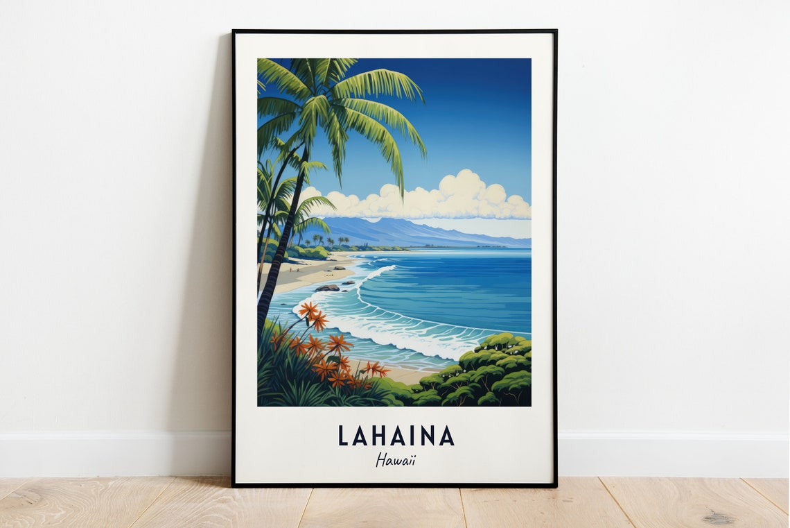 Lahaina Hawaii Tropical Beach Palm Waves Pacific Ocean Art Poster
