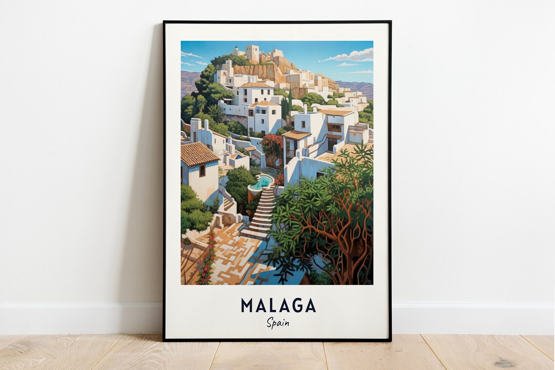 Whitewashed Hilltop Village with Fortress Malaga Spain Poster