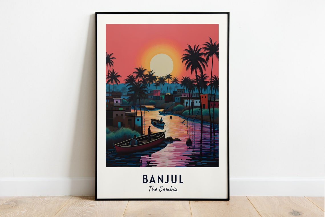 Banjul The Gambia Sunset River Boats Tropical Palm Silhouette Poster