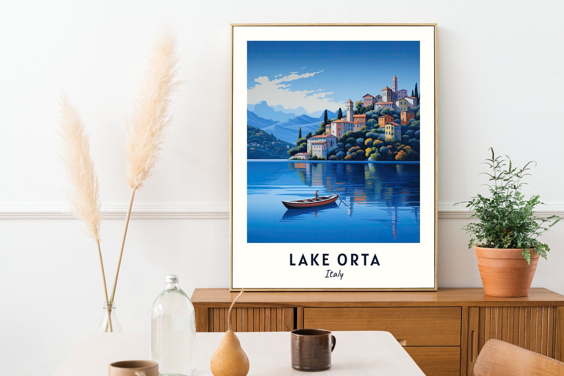 Lake Orta Italy Hillside Town Rowboat Serene Water Travel Poster - Image 2