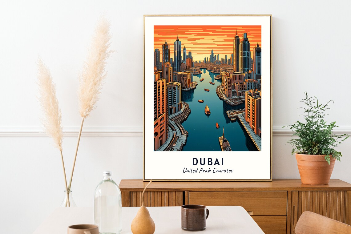 Dubai United Arab Emirates Marina Skyline Boats Sunset Travel Poster - Image 2