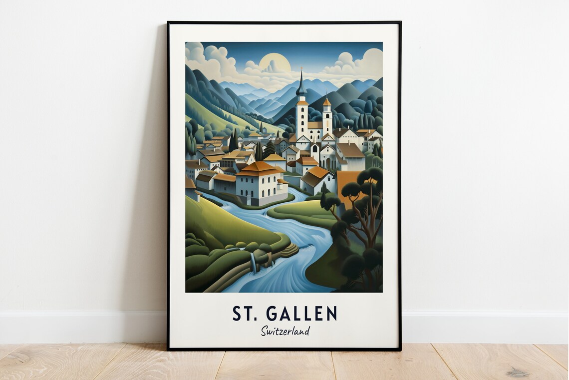 St Gallen Switzerland Alpine Valley Village Church Travel Poster