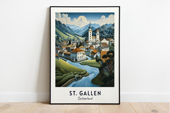 St Gallen Switzerland Alpine Valley Village Church Travel Poster