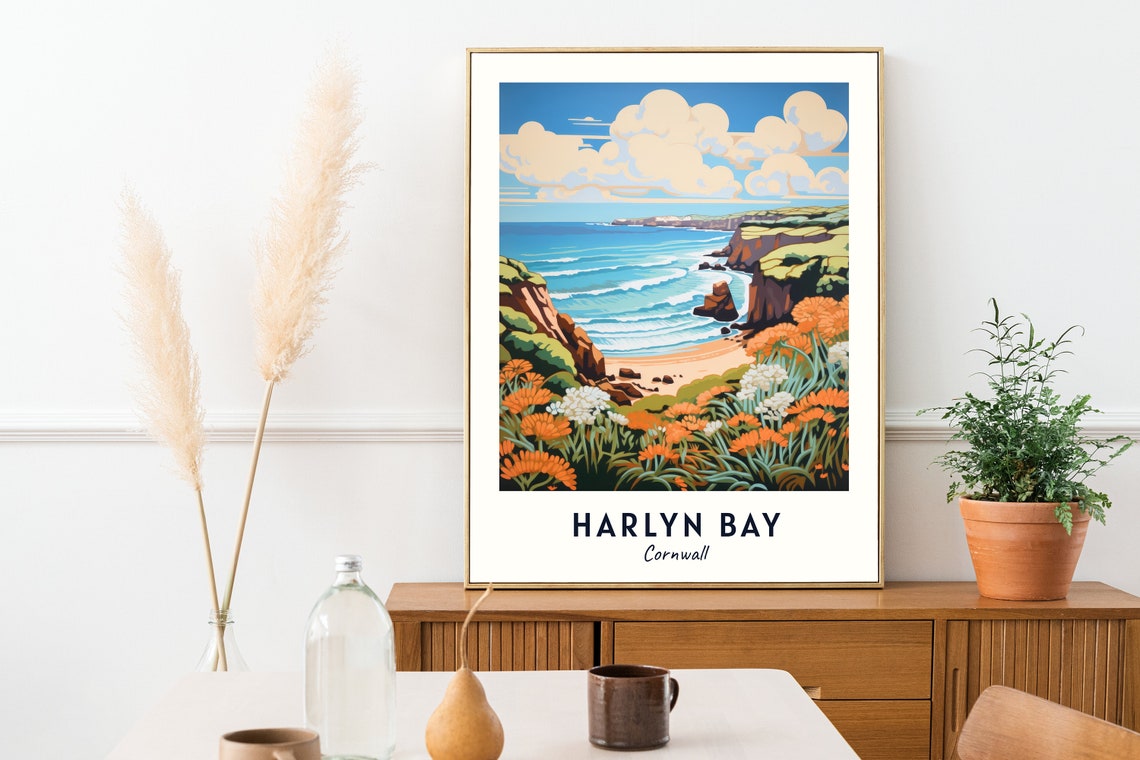 Harlyn Bay Cornwall Cliff Cove With Orange Wildflowers Poster - Image 2