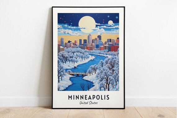 Minneapolis Minnesota Winter Night River Snowy Skyline Poster