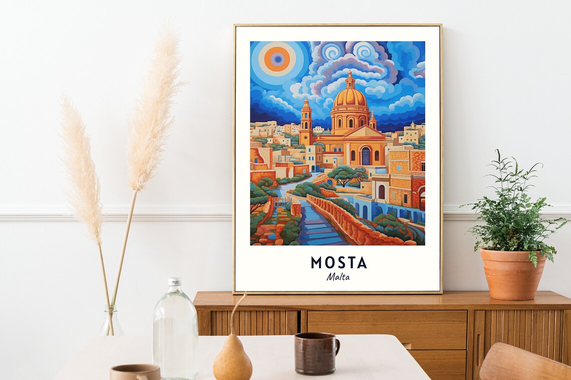 Mosta Malta Historic Dome Church Golden Sunset Skyline Travel Poster - Image 2