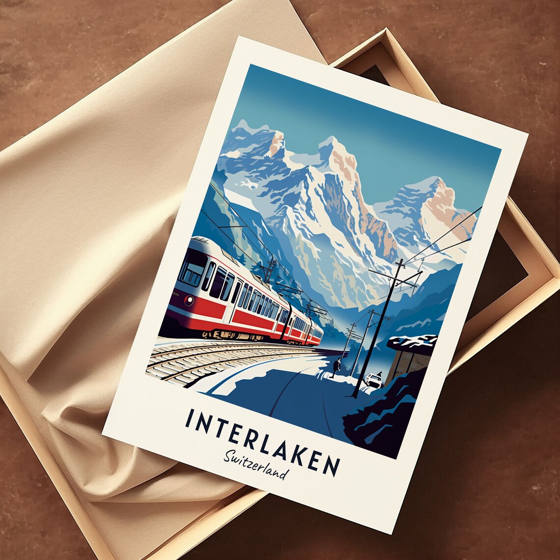 Interlaken Switzerland Red Train Snowy Alps Peak Travel Poster - Image 3