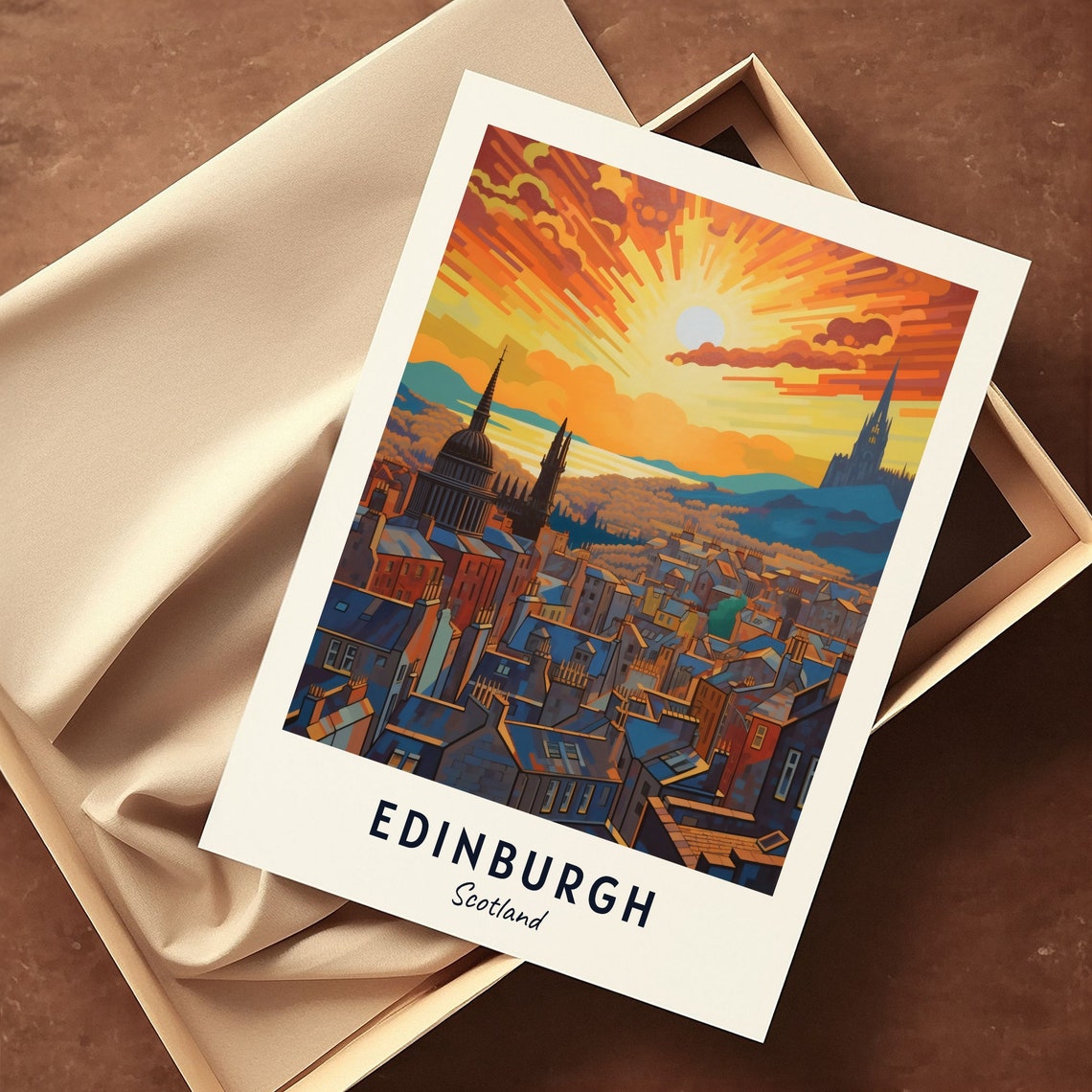 Edinburgh Scotland City Skyline Castle Dramatic Sunset Travel Poster - Image 3