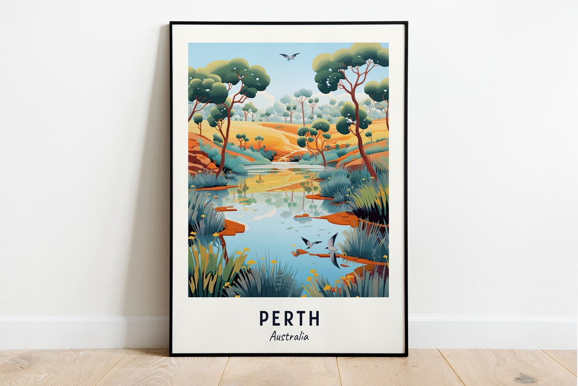 Perth Australia Swan River Valley Sunrise Travel Poster Artwork