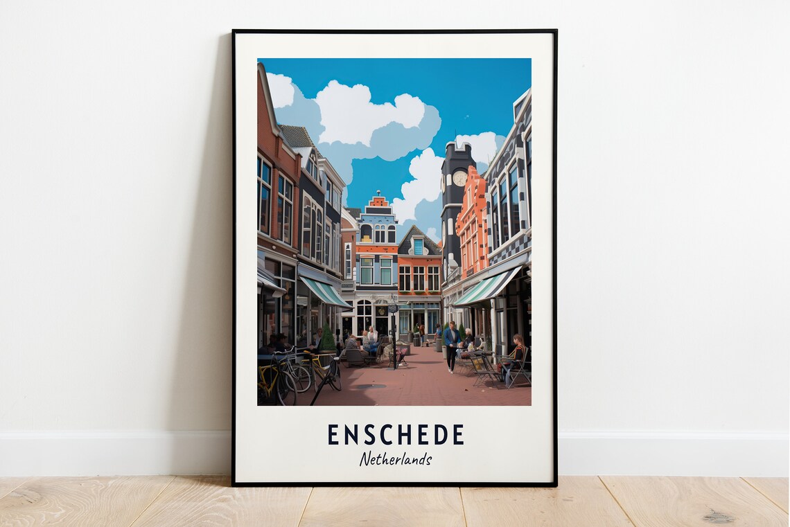 Enschede Netherlands Dutch Street Cafe Bicycles Colorful Travel Poster