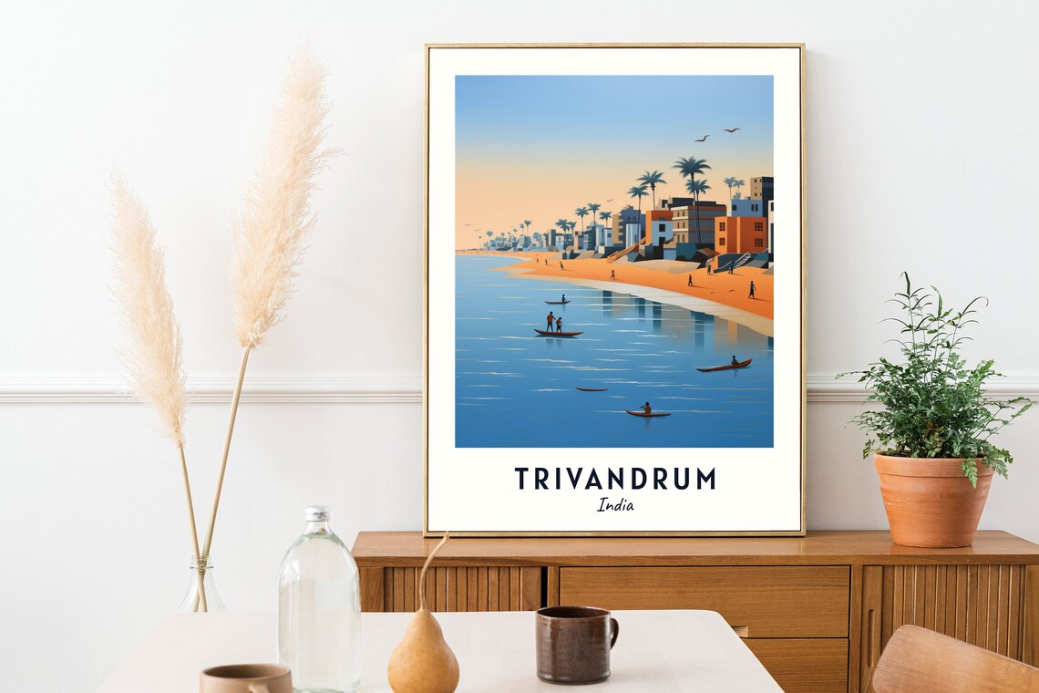 Trivandrum India Beach Fishing Boats Sunset Kerala Travel Poster - Image 2