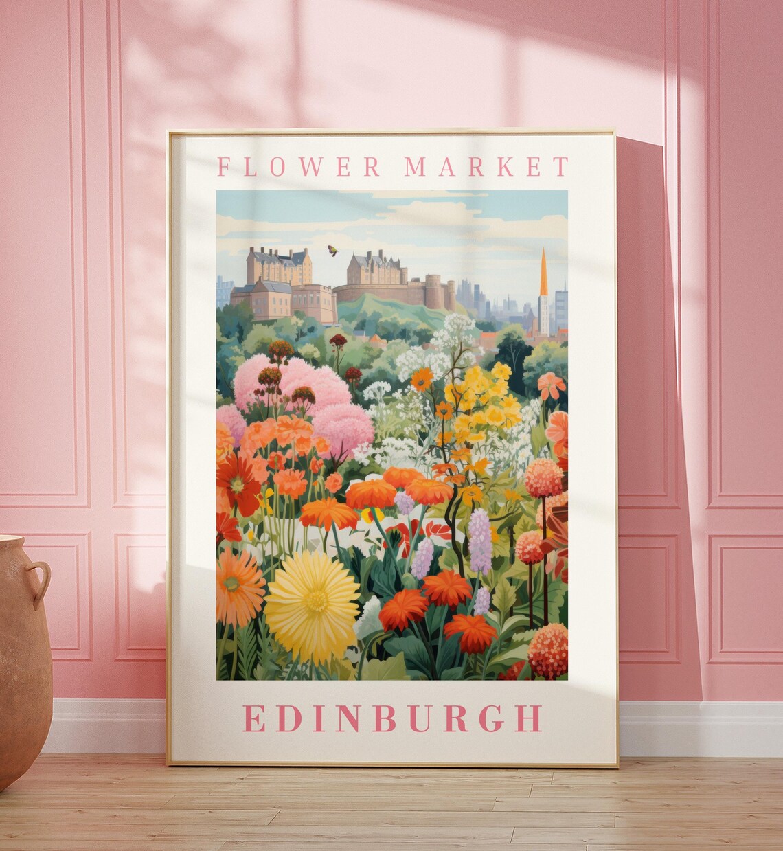 Edinburgh Scotland Flower Market Castle Hill Garden Travel Poster