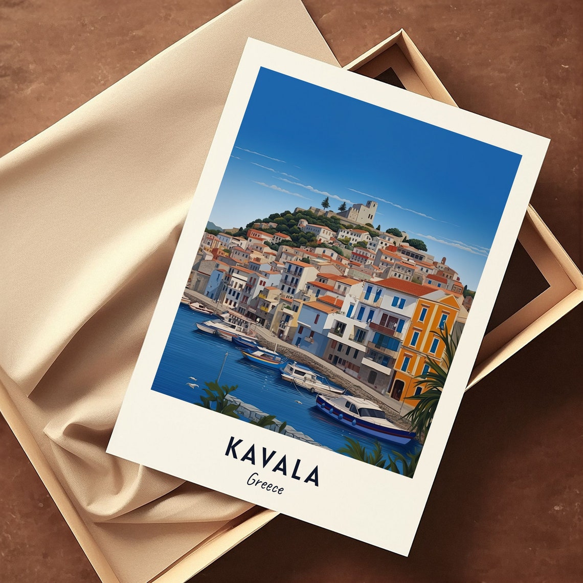 Kavala Greece Harbor Hillside Town Boats Aegean Travel Poster - Image 3