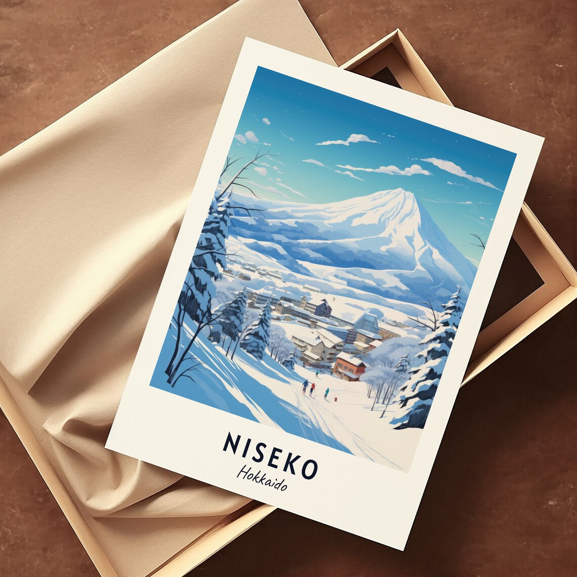 Niseko Hokkaido Volcanic Cone and Skiers on the Slope Poster - Image 3