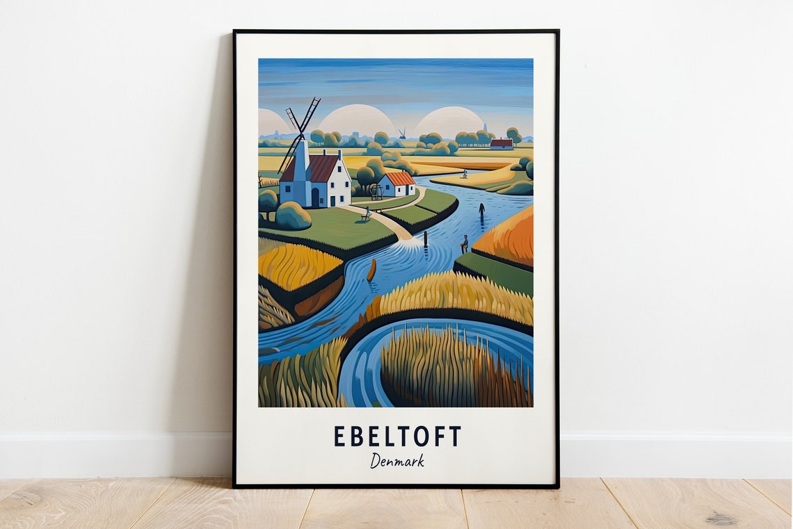 Ebeltoft Windmill Beside a Winding River in Rural Denmark Poster
