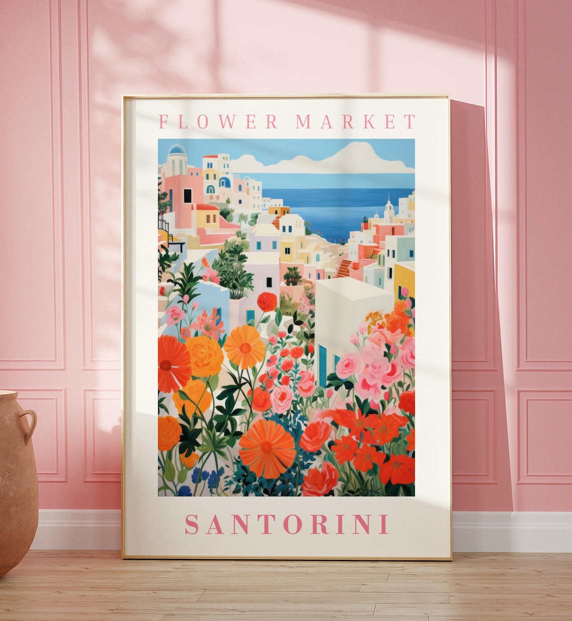 Santorini Flower Market Travel Poster, Floral Illustration